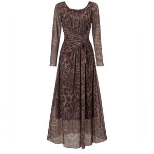 Brown Long-Sleeve Animal-Print Wrap Maxi Dress